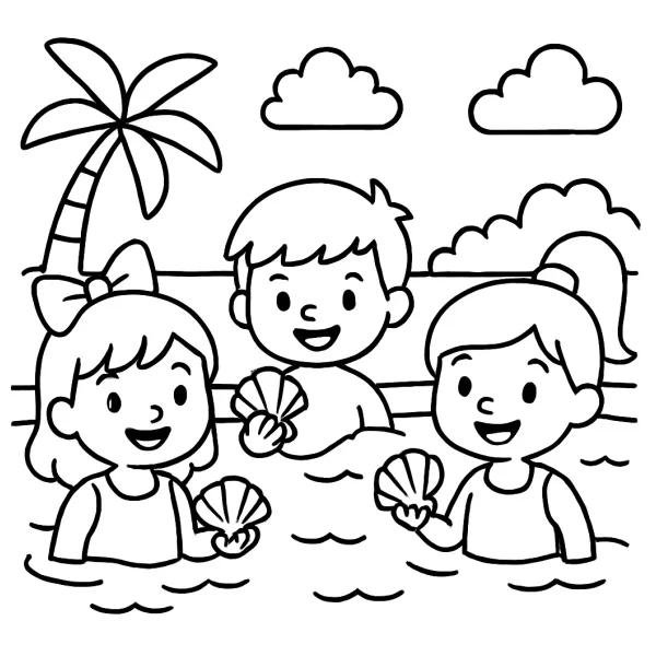 Vrolijke kinderen in het zwembad met schelpen