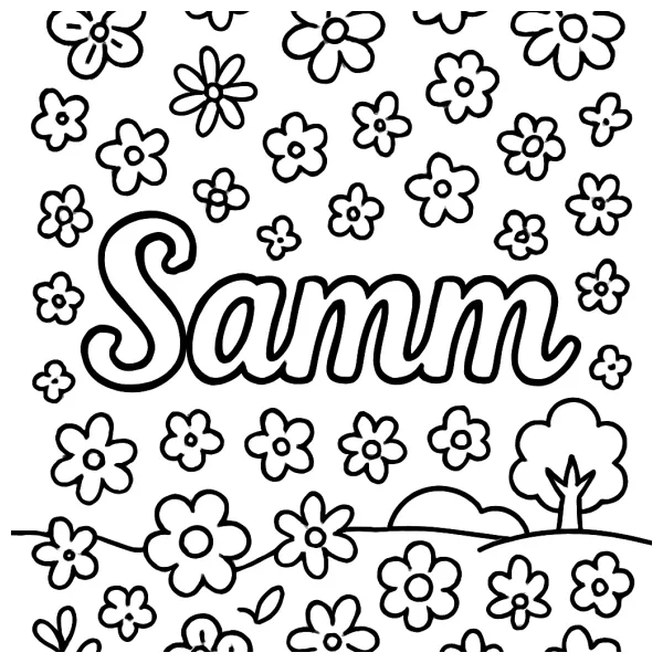 Veel bloemetjes en de naam Samm om in te kleuren
