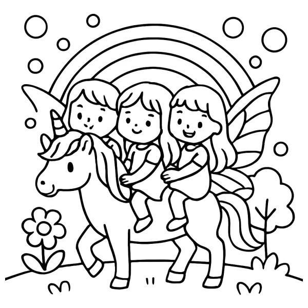 Drie meisjes op een unicorn met regenboog en bubbels