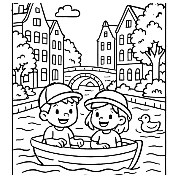 Kinderen varen in een bootje op de Utrechtse grachten