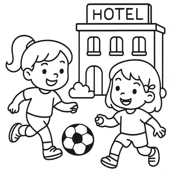 Meisjes voetballen bij een hotel