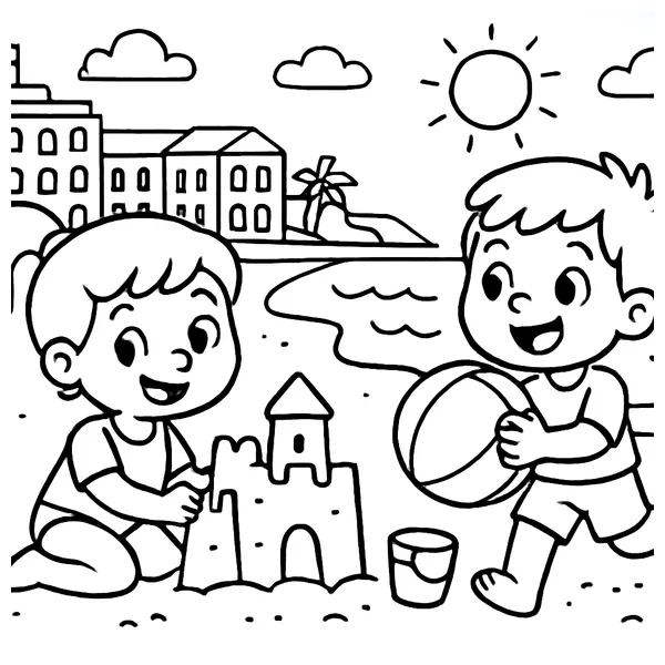 Twee kinderen spelen op het strand van Scheveningen