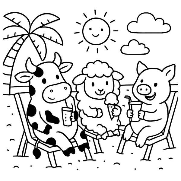 Koe, schaap en varken chillen op het strand