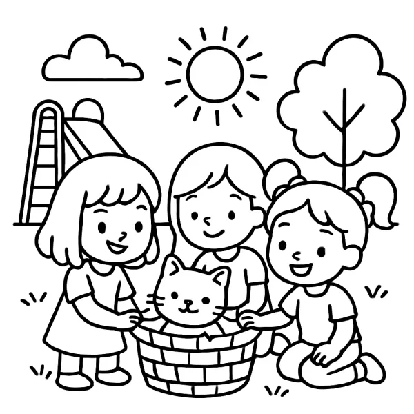 Drie meisjes spelen met kat in zonneschijn