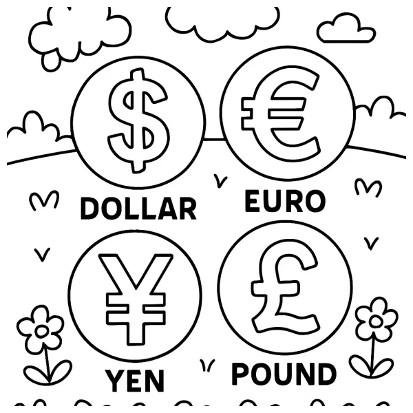 Leuke kleurplaat met valuta tekens en namen