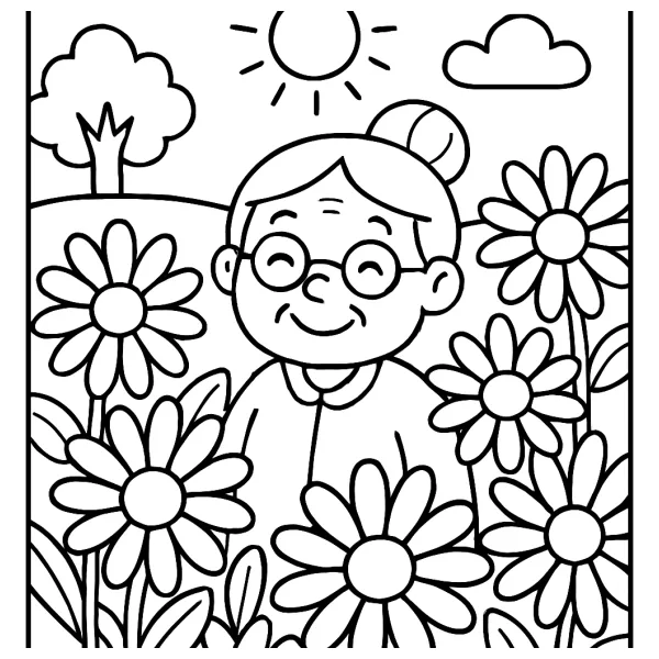 Vrolijke kleurplaat voor oma Margriet met bloemen