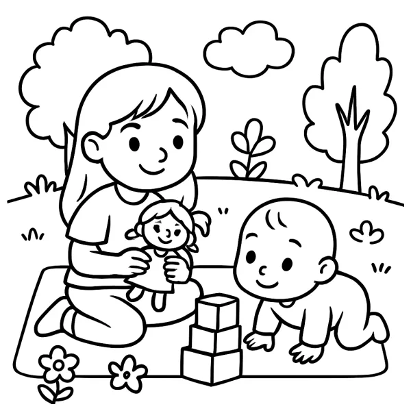 Meisje van 10 jaar met baby die speelt