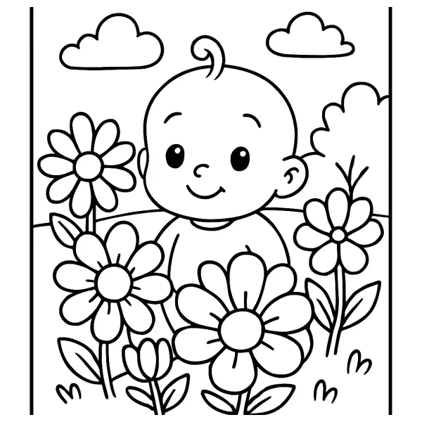 Baby met vrolijke bloemen om zich heen
