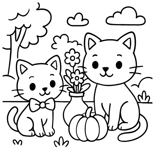 Schattige poes en kater bij bloemen en pompoen