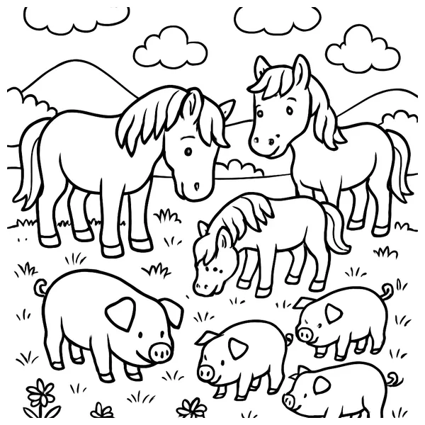 Paard en varkens in de groene wei