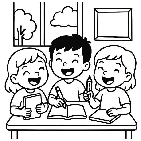 Lachende kinderen in groep 3 met schriften en potloden