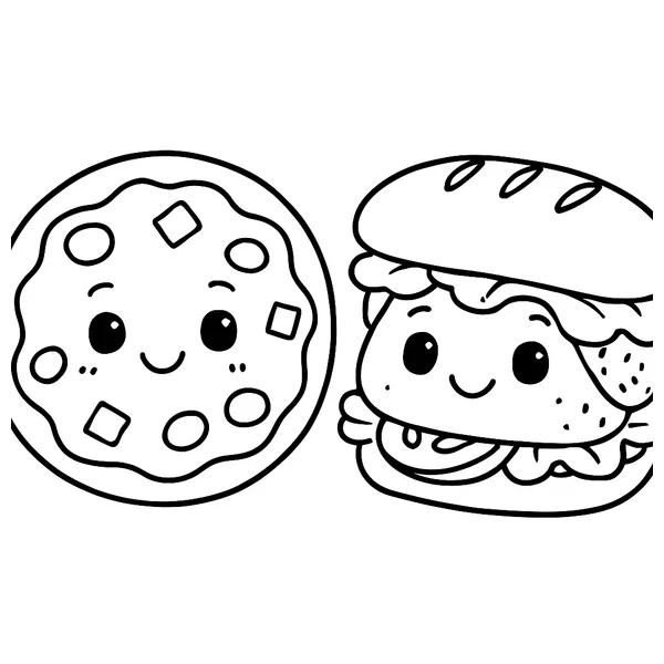 Leuke pizza en hamburger met gezicht