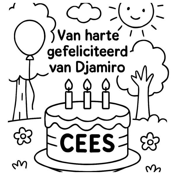 Verjaardagstaart voor Cees met felicitatie van Djamiro