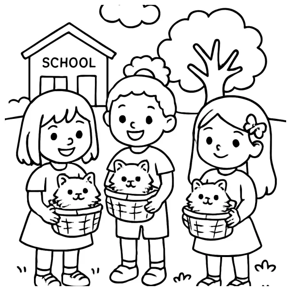 Drie meisjes met kattenmand op de speelplaats