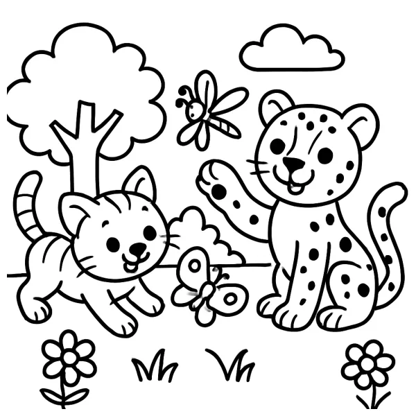 Vrolijke katten en kleurrijke vlinders