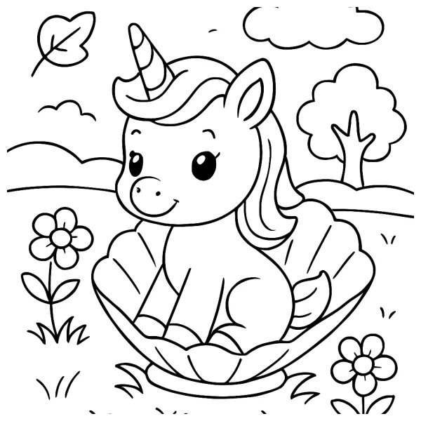 Schattige baby-unicorn in een schelp