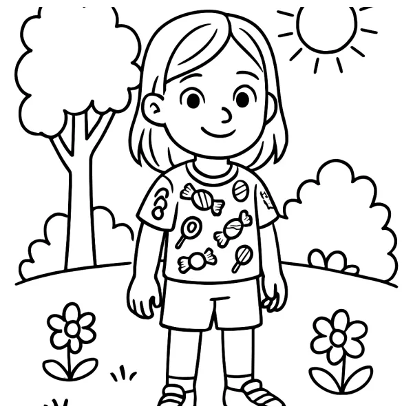 Meisje met chupachups t-shirt en blauw broekje