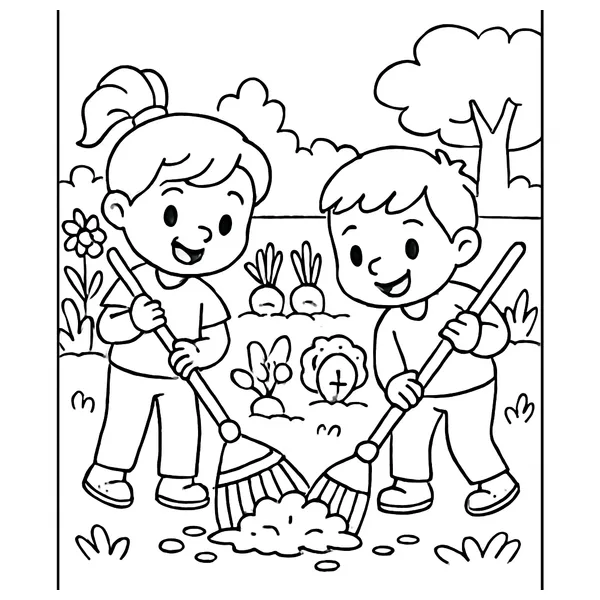 Kinderen harken in de moestuin