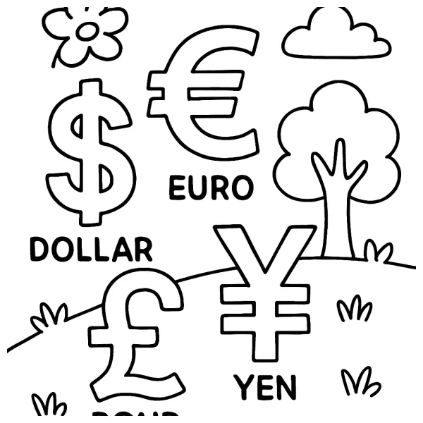 Leuke kleurplaat met alle valuta tekens