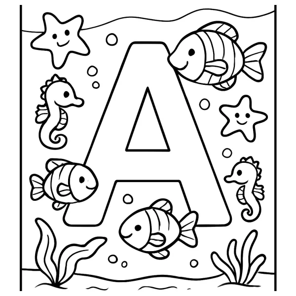 Letter A met leuke zeedieren om in te kleuren