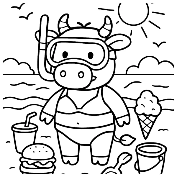 Koe op het strand met duikbril en bikini
